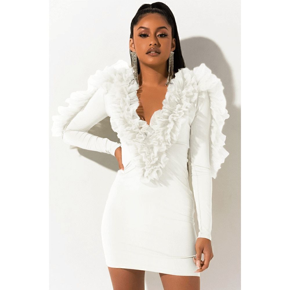 🤍 Deep V-Neck Cleavage Flounce Ruffle Bodycon Party Mini White Dress SIZE M NEW